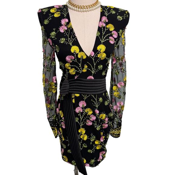 Zhivago In The Garden Floral Mesh Wrap Mini Dress black pink yellow size US 2 - Picture 5 of 15